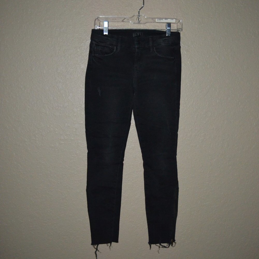 $238 Sz 25 Mother Looker Zip Fray Wait Until Dark Black Ankle Jeans